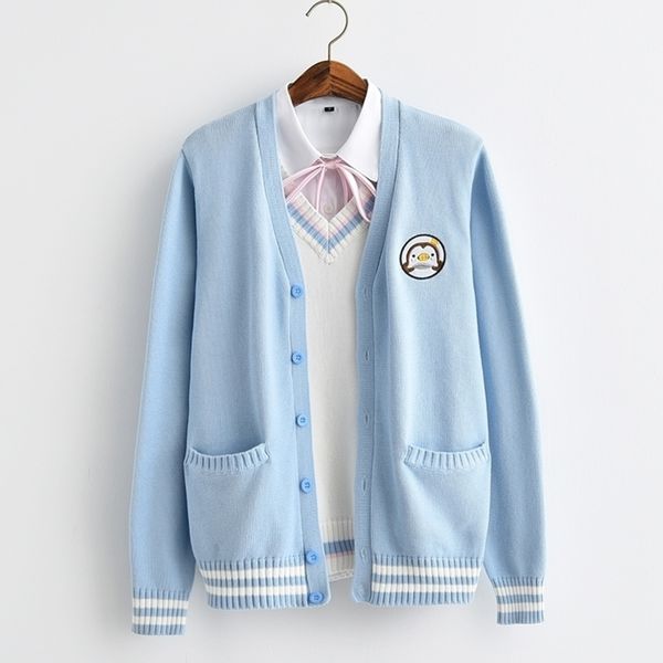

cute baby embroidery college style japan soft sister jk uniforms knitted knit cardigan sweater blue & white y200720, White;black