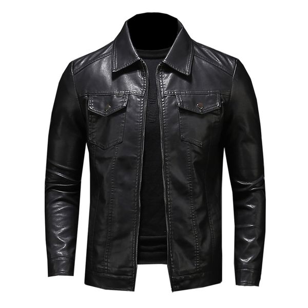 Herren-Motorrad-Lederjacke, große Tasche, schwarzer Reißverschluss, Revers, schmale Passform, männlich, Frühling und Herbst, hochwertiger PU-Mantel M5XL 220816