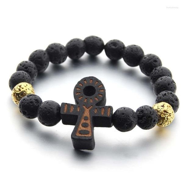 Perlenstränge 10 mm natürliches vulkanisches Steinarmband schwarze Armreifen Holzkreuz elastisches Armband Großhandel Armbänder für Frauen Schmuck Trum22