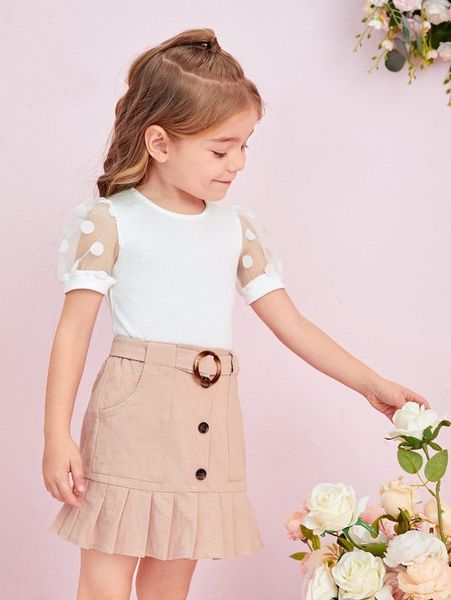 

toddler girls dobby mesh puff sleeve & ruffle hem button front skirt she, White