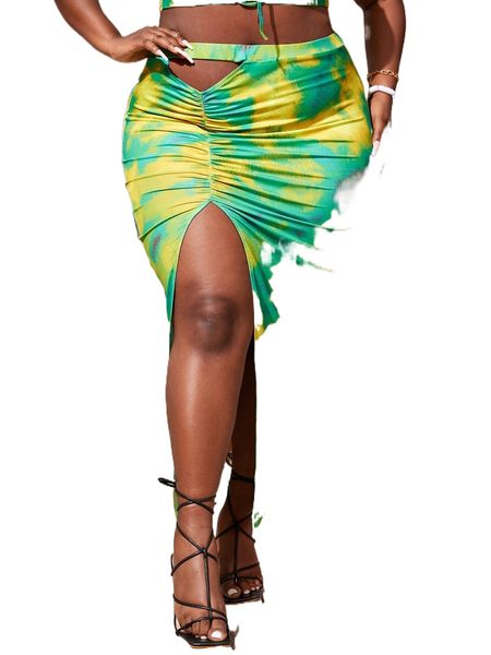 

sxy plus tie dye cut out ruched split thigh skirt p9re#, Black