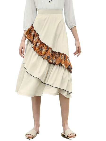 

scarf print ruffle trim skirt b2gg#, Black