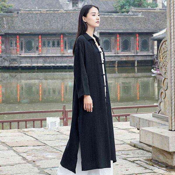 

women's trench coats spring summer retro button cardigan coat female long sleeve pure color double layer cotton linen loose robe t22081, Tan;black