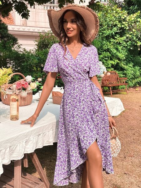 

ruffle hem allover floral wrap dress f3kk#, Black;gray