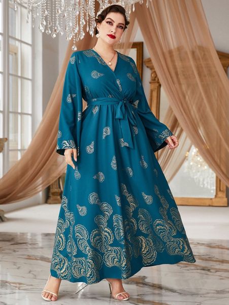 

plus random gold print surplice neck belted maxi dress r4mu#, Black