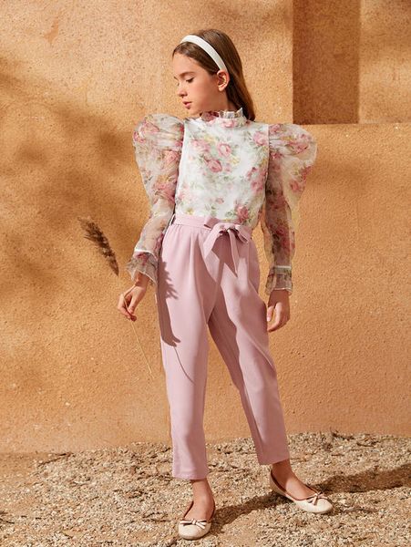 

girls gigot sleeve floral & self belted pants set she, White