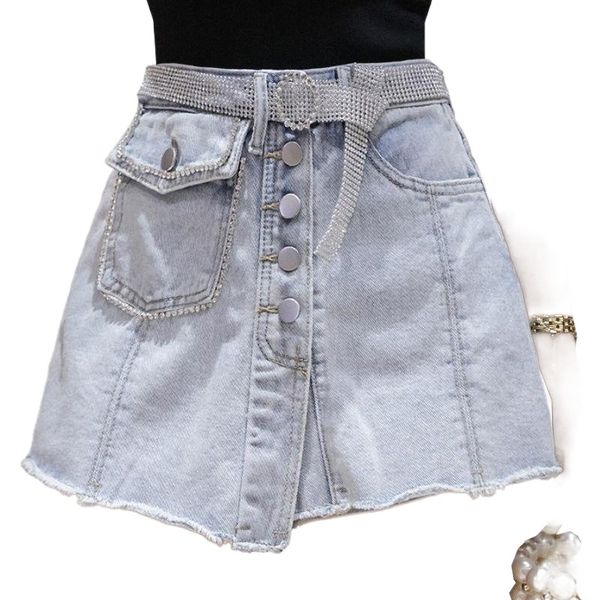 

skirts 2022 fashion front pocket rhinestones decorated denim asymmetric single-breasted package hip skirt pants women p5ld#, Black