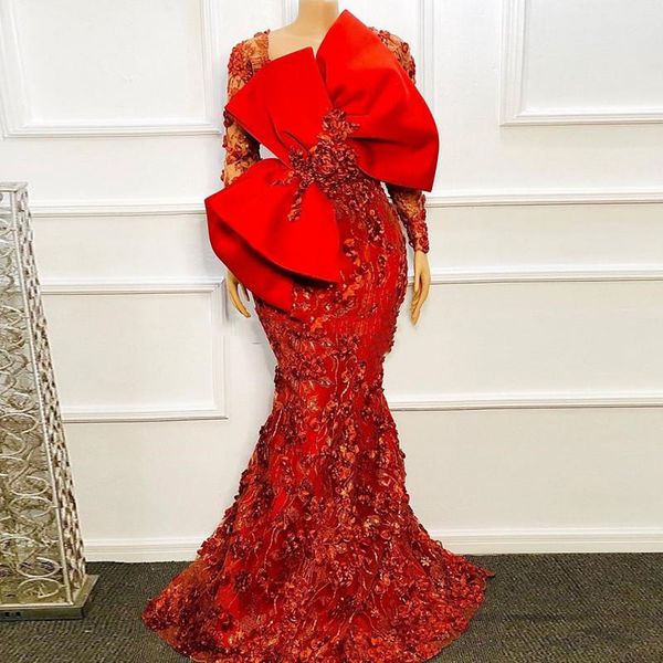 Robe de Soirée Kırmızı Akşam Elbise Big Bow Afrika Denizkızı Prom Elbise 3D Çiçek Apliked Arapça Aso Ebi Vestidos Formaller