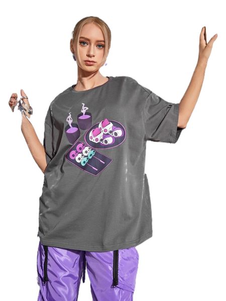 

x caryne thio drop shoulder skeleton print tee h57k#, White