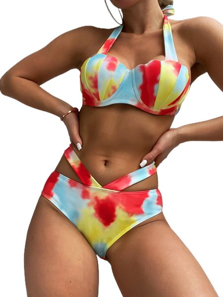

tie dye halter push up bikini swimsuit n0fd#, White;black
