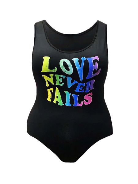 

plus slogan graphic tank bodysuit 08od#, Black