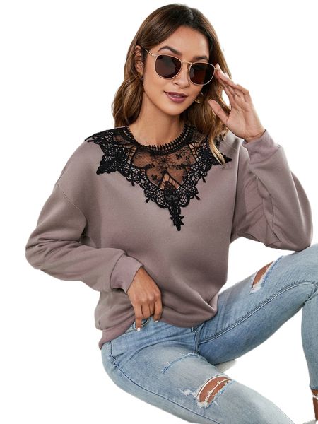 

lace detail drop shoulder sweatshirt 42ja#, Black