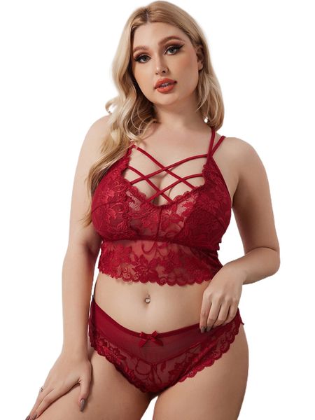 

plus floral lace cross lingerie set g75k#, Black;white