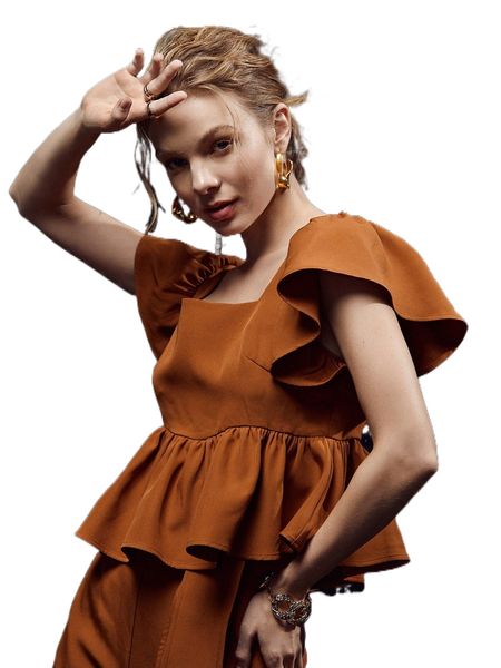 

x faye chan solid ruffle trim tie back shirred blouse x4vn#, White