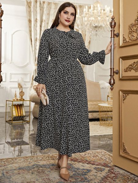 

plus ditsy floral flounce sleeve tie neck dress d74c#, Black
