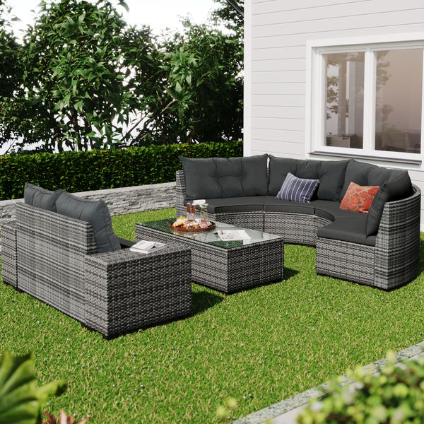 

outdoor wicker round sofa set curved with rectangular coffee table