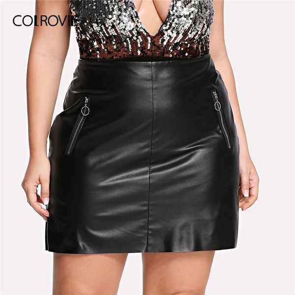 

colrovie plus size black solid zipper front faux leather glamorous skirt women summer korean skinny mini skirt female skirt y200326