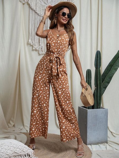 

dalmatian print wide leg belted cami jumpsuit w3ts#, Black;white
