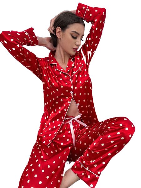 

polka dot print contrast piping satin blouse & pants pj set f4qy#, Black;red
