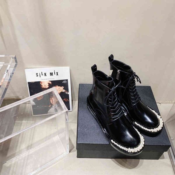 

boots high end autumn winter front lace up black women's leather handmade beaded shoes round headed martin boots