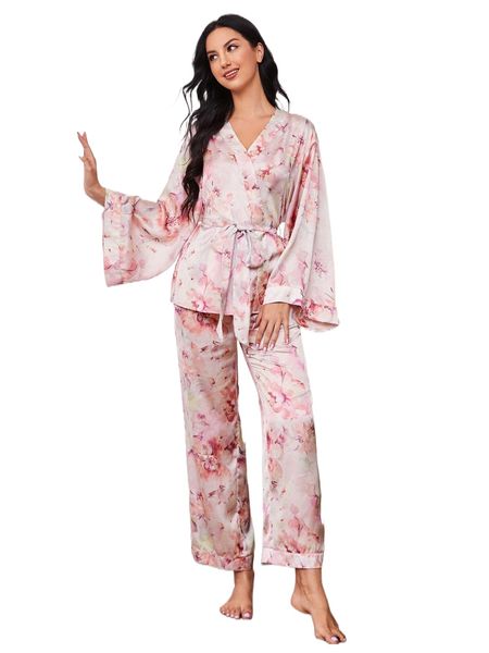 

floral print drop shoulder belted pj set o8nv#, Black;red