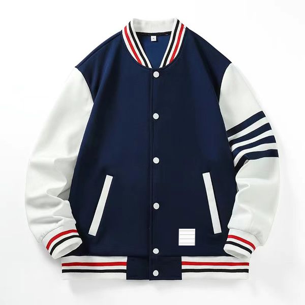 

autumn winter pure men cotton loopback jersey knit engineered arm thom stripe sweatshirt crewneck brown pullover baseball jacket m-4xl a1, Black