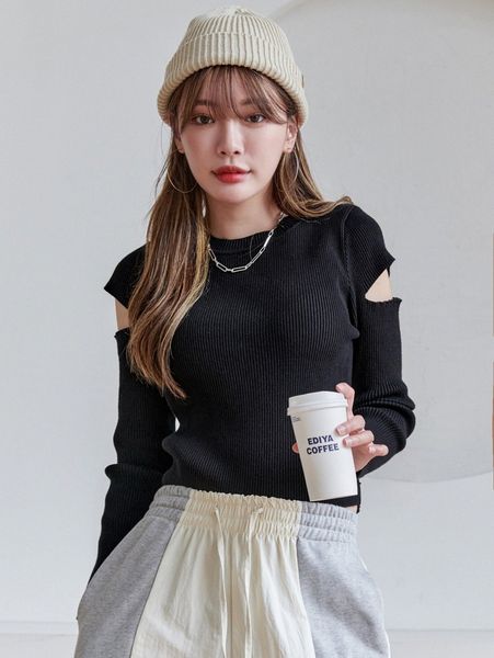 

dazy cut out sleeve solid sweater 65sf#, White;black
