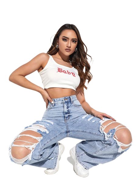 

ripped detail straight leg jeans f8om#, Blue