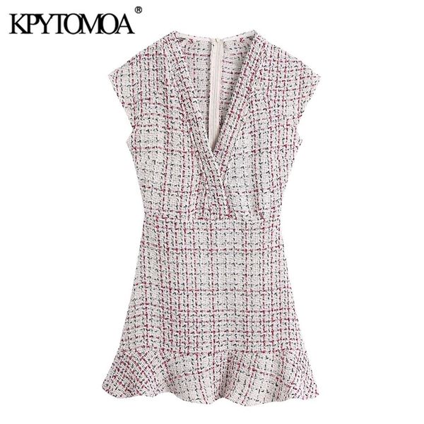 

women fashion with ruffle trim tweed mini dress vintage short sleeve back zipper female dresses vestidos mujer 220526, Black;gray