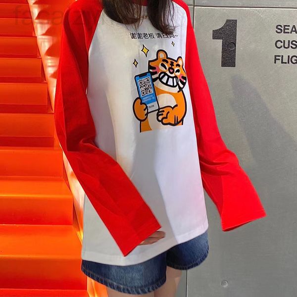 

women's t-shirt designer chaopai 22 early spring new year of the tiger women's funny print pattern red and white color matching lo