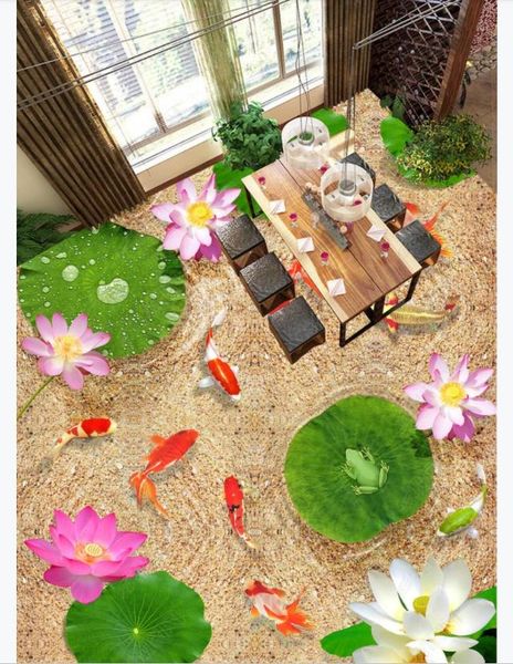 

custom p flooring wallpaper 3d wall stickers modern pond lotus fish floor painting walls papers home decoration
