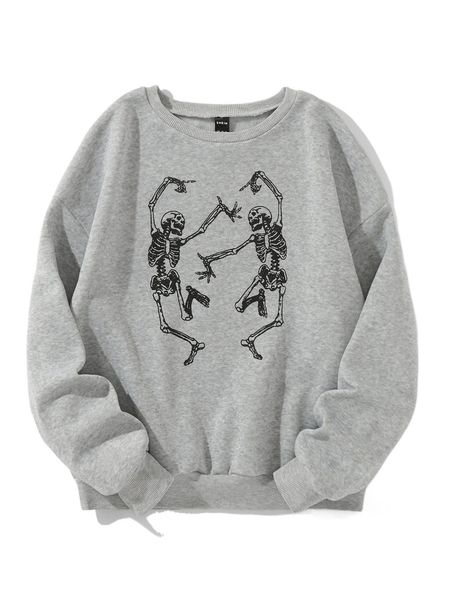 

skeleton print drop shoulder thermal pullover a1mw#, Black