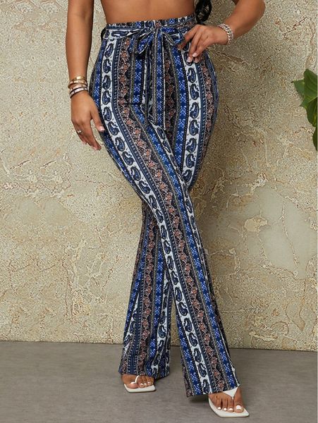 

sxy floral & paisley print knot front wide leg pants b3ya#, Black;white