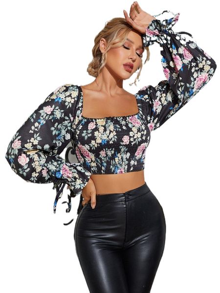 

parthea floral print flounce sleeve shirred crop t9qh#, White