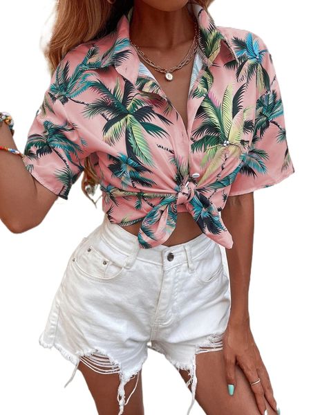 

tropical print button front shirt c33o#, White