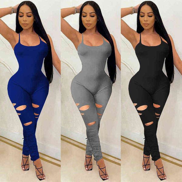 

m2051 women's new casual hole wrinkled jumpsuit, White