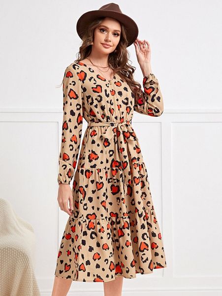 

leopard & heart print ruffle hem belted dress b4ky#, Black;gray
