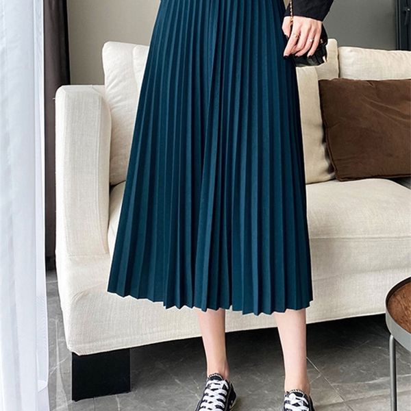 

tigena elegant pleated long skirt for women autumn casual solid all-match a line high waist mid-length female green 220317, Black