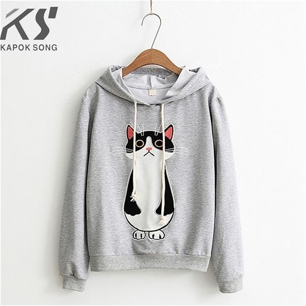 

women hoodies cat cartoon long sleeve hoody ladies dress cotton fashional pullovers cotton hoody regular avarage size clothes lj200808, Black