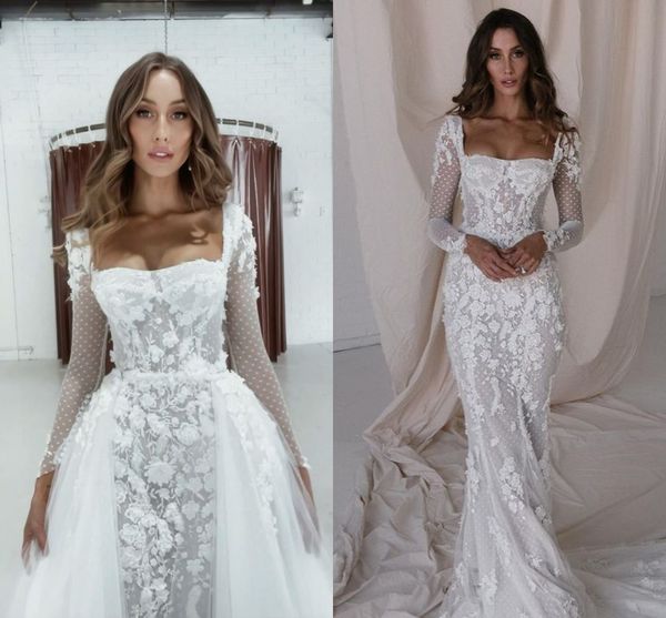 Pallas Couture Abiti da sposa da spiaggia a sirena con strascico staccabile 2022 Collo quadrato Manica lunga 3D Abiti da sposa a tromba in pizzo floreale