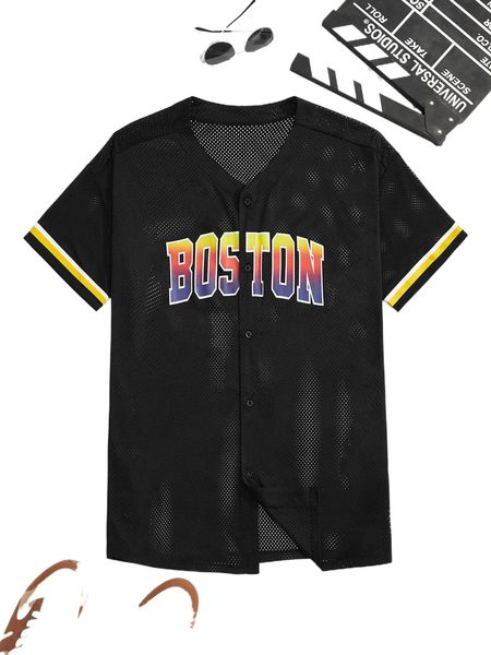 

men letter graphic contrast trim mesh shirt r6mj#, White;black