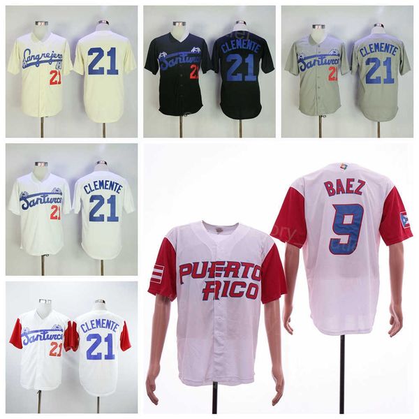 

men moive baseball santurce crabbers puerto rico 21 roberto clemente jersey men 9 javier baez all stitched team color grey whte beige black