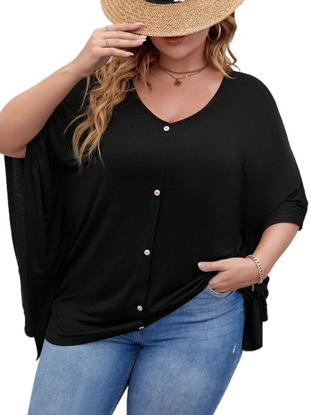

plus batwing sleeve fake button tee p990#, Black