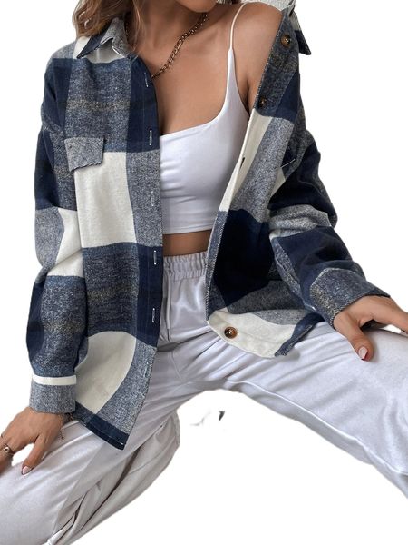 

plaid print flap detail drop shoulder coat a9jc#, Black