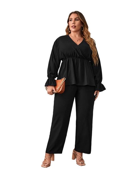 

plus flounce sleeve overlap collar & pants e0qz#, Black