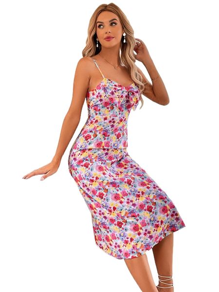 

allover floral print bow front cami dress b4td#, Black;gray