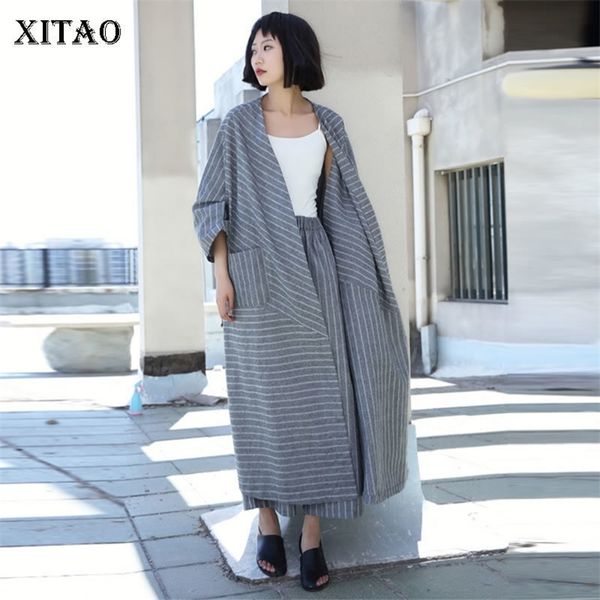 

xitao striped plus size long trench linen cardigans irregular elegant pocket 2019 autumn casual goddess fan coat gcc1097 t200810, Tan;black