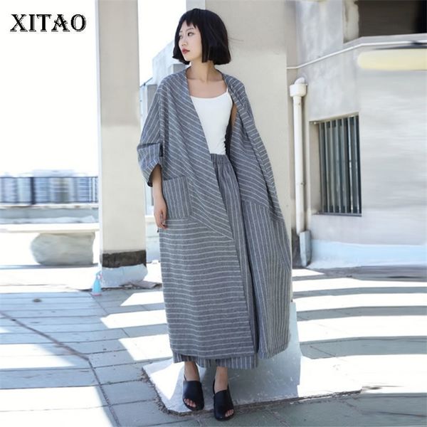 

xitao striped plus size long trench linen cardigans irregular elegant pocket 2019 autumn casual goddess fan coat gcc1097 t200810, Tan;black