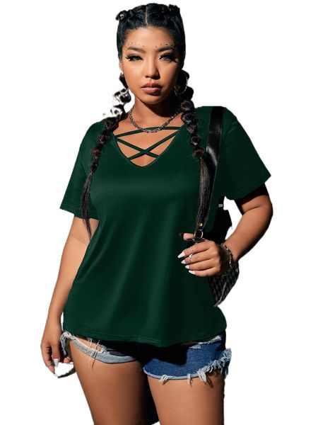 

plus criss cross front t-shirt n2f0#, Black