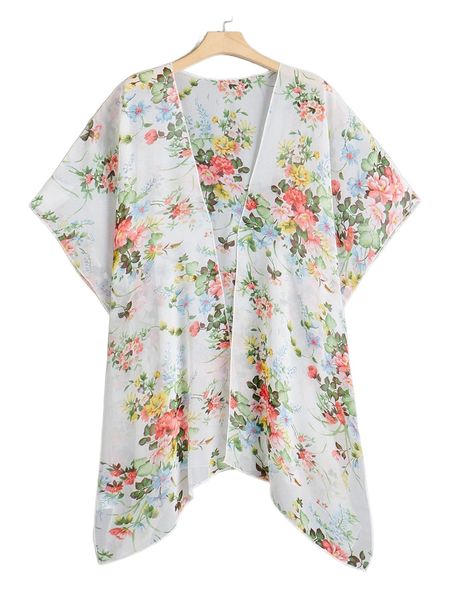 

plus floral print asymmetrical hem kimono q8nh#, Black;gray